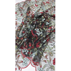 Tule bordado primavera fundo preto  - Comprimento 1,60 m x Largura 1,40 