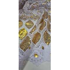 Renda Guipir Bordada Africana Branco com Dourado CL342