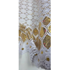 Renda Guipir Bordada Africana Branco com Dourado CL342