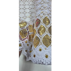 Renda Guipir Bordada Africana Branco com Dourado CL342