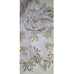 Renda Guipir Bordada Africana Branco com Dourado CL343