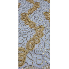 Renda Guipir Nigeriana Bordada Dourado com Branco Modelo 02 (corte de 4,50 m)