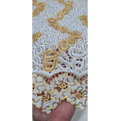 Renda Guipir Nigeriana Bordada Dourado com Branco Modelo 02 (corte de 4,50 m)