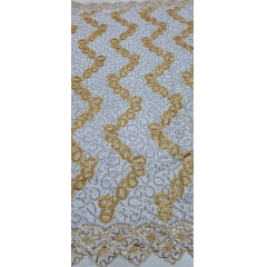 Renda Guipir Nigeriana Bordada Dourado com Branco Modelo 02 (corte de 4,50 m)