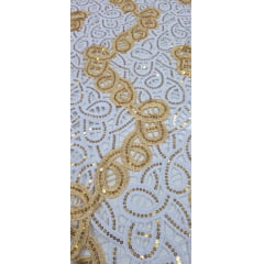 Renda Guipir Nigeriana Bordada Dourado com Branco Modelo 02 (corte de 4,50 m)