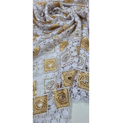Renda Guipir Nigeriana Bordada Dourado com Branco Modelo 04 (corte de 4,50 m)