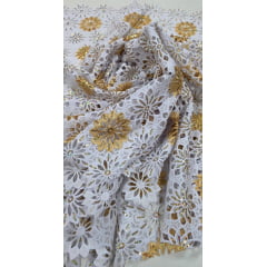 Renda Guipir Nigeriana Bordada Dourado com Branco Modelo 05 (corte de 4,50 m)