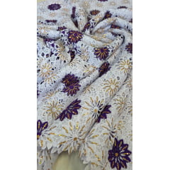 Renda Guipir Nigeriana Bordada Roxo com Dourado (corte de 4,50 m)