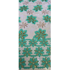 Renda Guipir Nigeriana Bordada Verde Água com Dourado (corte de 4,50 m)