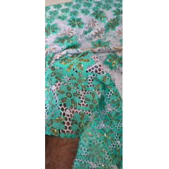 Renda Guipir Nigeriana Bordada Verde Água com Dourado (corte de 4,50 m)