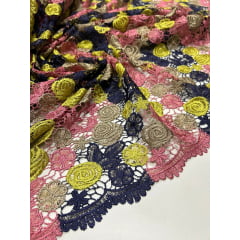 Renda Guipir Verão Multicolor Tons de Rosa/Amarelo/Azul Marinho