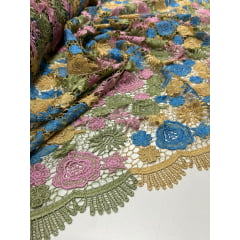 Renda Guipir Verão Multicolor Tons de Verde Oliva/Rosa/Dourado