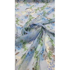 Chiffon de Seda Pura Estampado Floral Azul 04