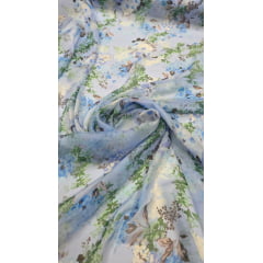 Chiffon de Seda Pura Estampado Floral Azul 04
