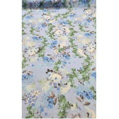 Chiffon de Seda Pura Estampado Floral Azul 04