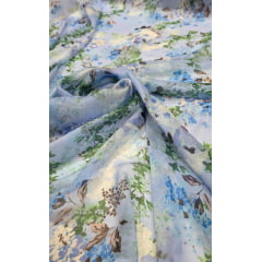 Chiffon de Seda Pura Estampado Floral Azul 04