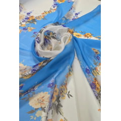 Chiffon de Seda Pura Estampado Floral Azul Turquesa e Branco 11