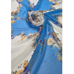 Chiffon de Seda Pura Estampado Floral Azul Turquesa e Branco 11