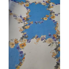 Chiffon de Seda Pura Estampado Floral Azul Turquesa e Branco 11