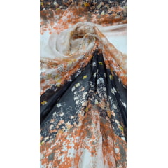 Chiffon de Seda Pura Estampado Floral Laranja e Preto 06