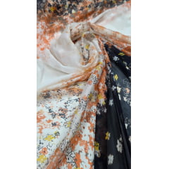 Chiffon de Seda Pura Estampado Floral Laranja e Preto 06