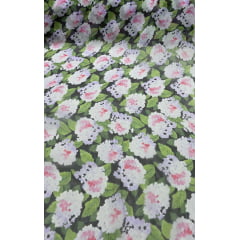 Chiffon de Seda Pura Estampado Floral Preto 07