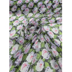 Chiffon de Seda Pura Estampado Floral Preto 07