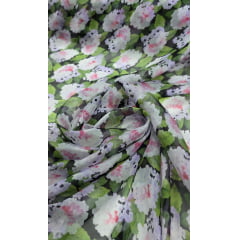 Chiffon de Seda Pura Estampado Floral Preto 07