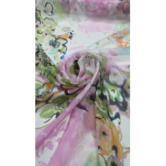 Chiffon de Seda Pura Estampado Floral Rosa 02