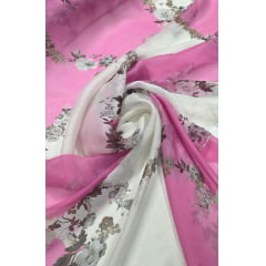 Chiffon de Seda Pura Estampado Floral Rosa e Branco 10