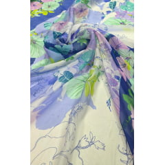 Chiffon de Seda Pura Estampado Floral Tons de Lilás e Branco 12
