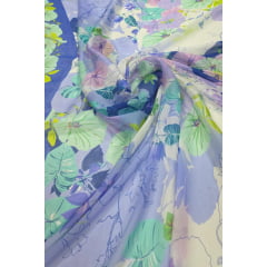 Chiffon de Seda Pura Estampado Floral Tons de Lilás e Branco 12