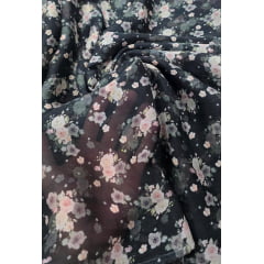 Seda pura floral fundo preto - Comprimento 2 m x Largura 1,40 m