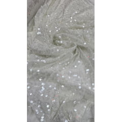 Tela Arrastão Fancy com Foil e Bordado em Paetês Transparentes Branco Tela Arrastão Fancy com Foil e Bordado em Paetês Transparentes Branco