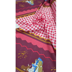 Tergal Natalino Xadrez  Barrado Fundo Vermelho 09