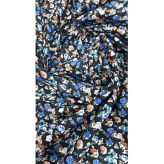 Tricoline Estampada Floral Azul Fundo Preto com Elastano