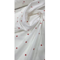 Tricoline Off White Bordada Poá Vermelho