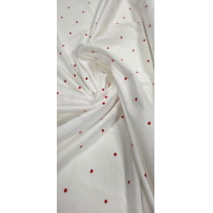 Tricoline Off White Bordada Poá Vermelho
