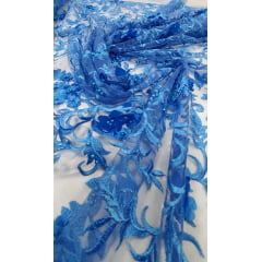 Tule Bordado 3D Azul Celeste com Pérolas