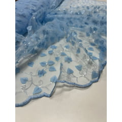 Tule Bordado 3D Floral Azul com Paetês Transparentes