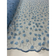 Tule Bordado 3D Floral Azul com Paetês Transparentes