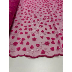 Tule Bordado 3D Floral Pink com Paetês Transparentes