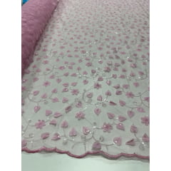 Tule Bordado 3D Floral Rosa Bebê com Paetês Transparentes