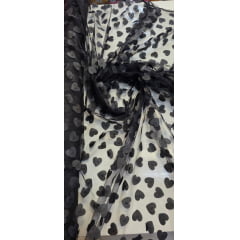 Tule Bordado Alegra 3D Coração Preto Tule Bordado Alegra 3D Coração Preto