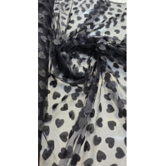 Tule Bordado Alegra 3D Coração Preto