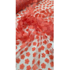 Tule Bordado Alegra 3D Margaridas Coral Tule Bordado Alegra 3D Margaridas Coral