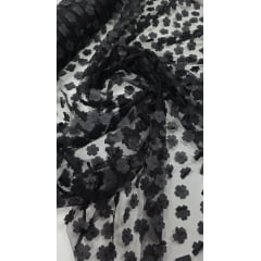Tule Bordado Alegra 3D Margaridas Preto