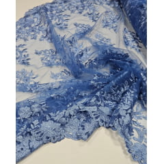 Tule Bordado com Bico Azul Jeans  13 