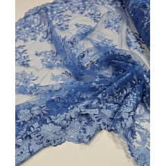 Tule Bordado com Bico Azul Jeans  13 