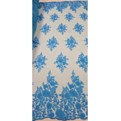 Tule Bordado com Bico Azul Turquesa Modelo 144